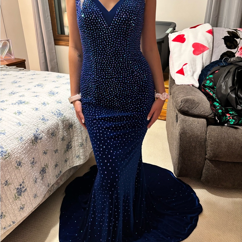 Blue velvet Johnathan Kayne mermaid gown